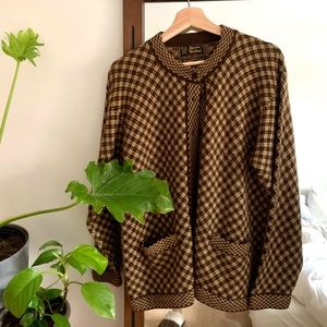 Alpaca Wool Brown Checkered Cardigan Sweater | Size L